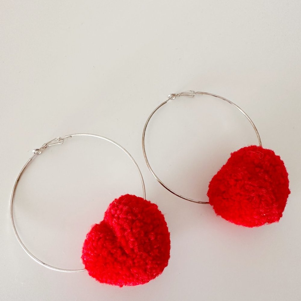 Red Heart Pom Hoop Earrings